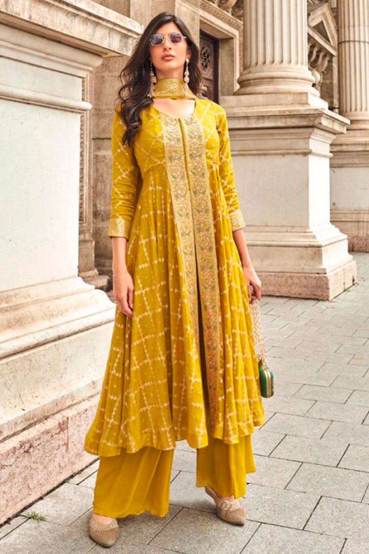 Mustard Jacquard Silk Hand Work Embroidered High Slit Palazzo Suit