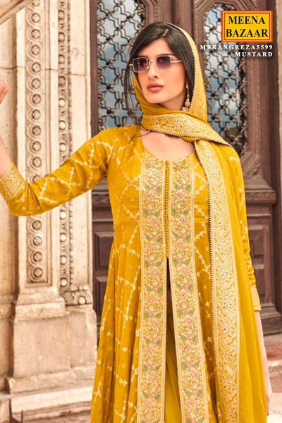 Mustard Jacquard Silk Hand Work Embroidered High Slit Palazzo Suit