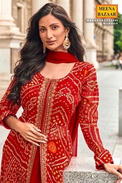 Maroon Silk Ready Made Suit with Elegant Neck Embroidery