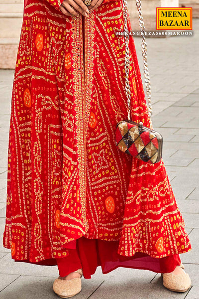 Maroon Silk Ready Made Suit with Elegant Neck Embroidery