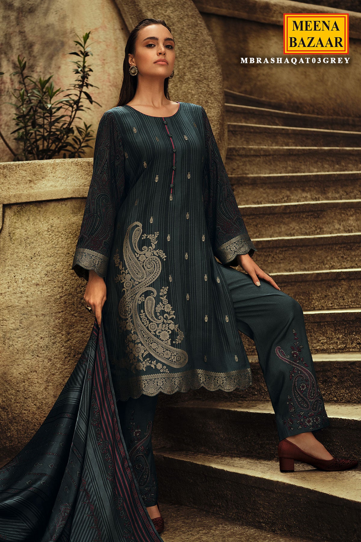 Grey Silk Woven Embroidered Suit Set