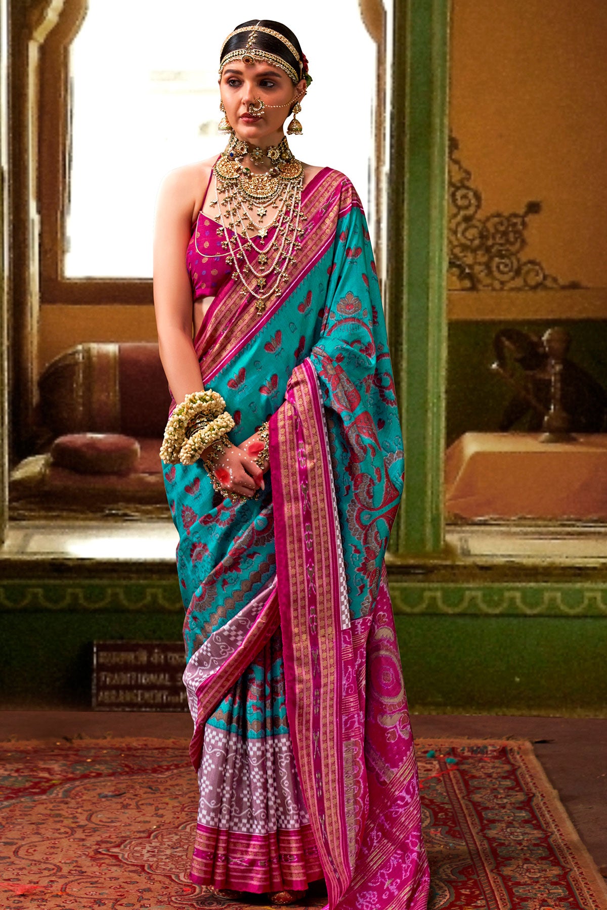 Firozi Silk Zari Weaving Printed Saree