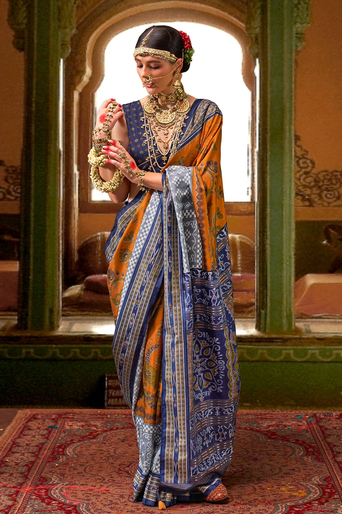 Mustard Silk Zari Weaving Printed Saree