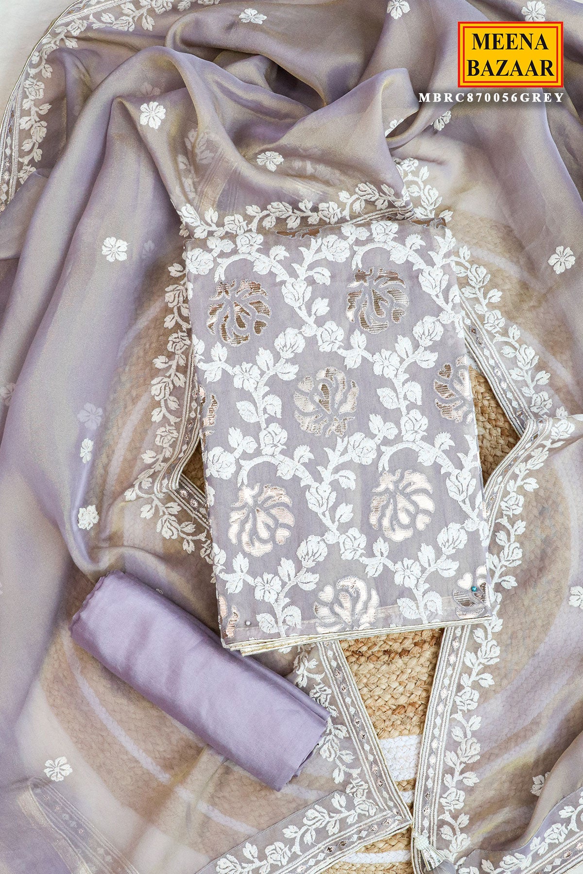 Grey Tissue Thread Embroidered Gota Patti Suit Set