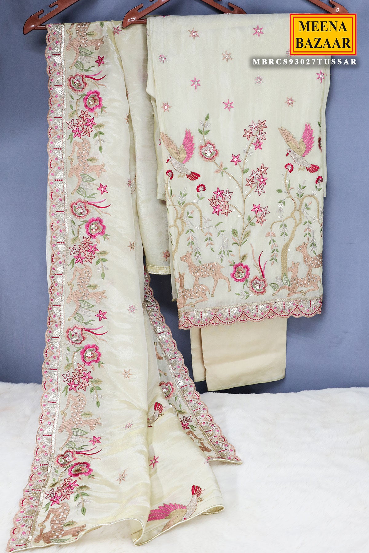 Tussar Chanderi Thread Sequin Embroidered Suit Set