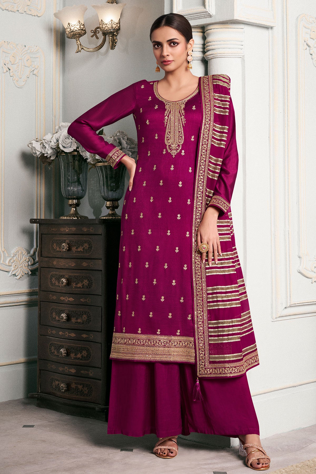 Wine Silk Georgette Zari And Sequins Embroidered Suit Set