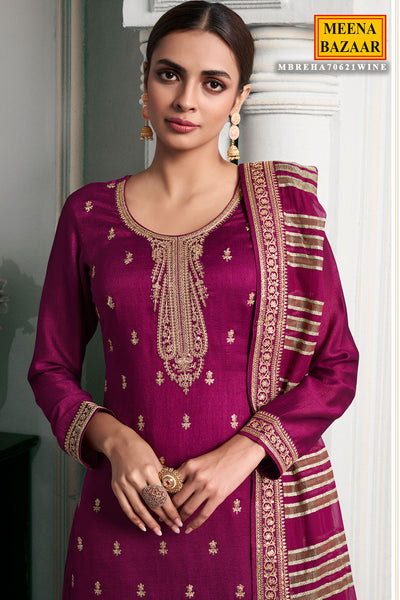 Wine Silk Georgette Zari And Sequins Embroidered Suit Set