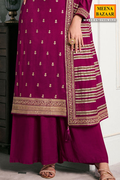 Wine Silk Georgette Zari And Sequins Embroidered Suit Set