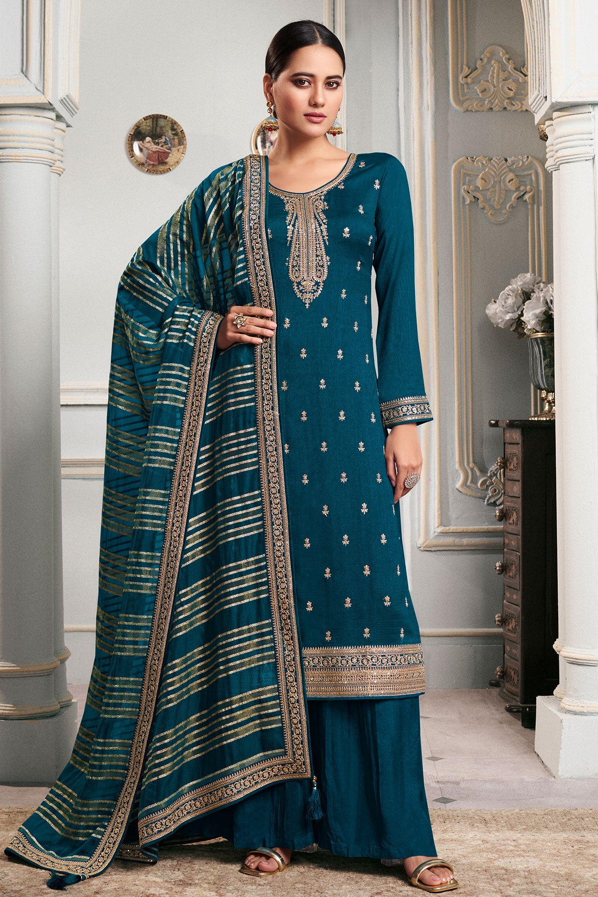 Teal Blue Silk Georgette Zari And Sequins Embroidered Suit Set