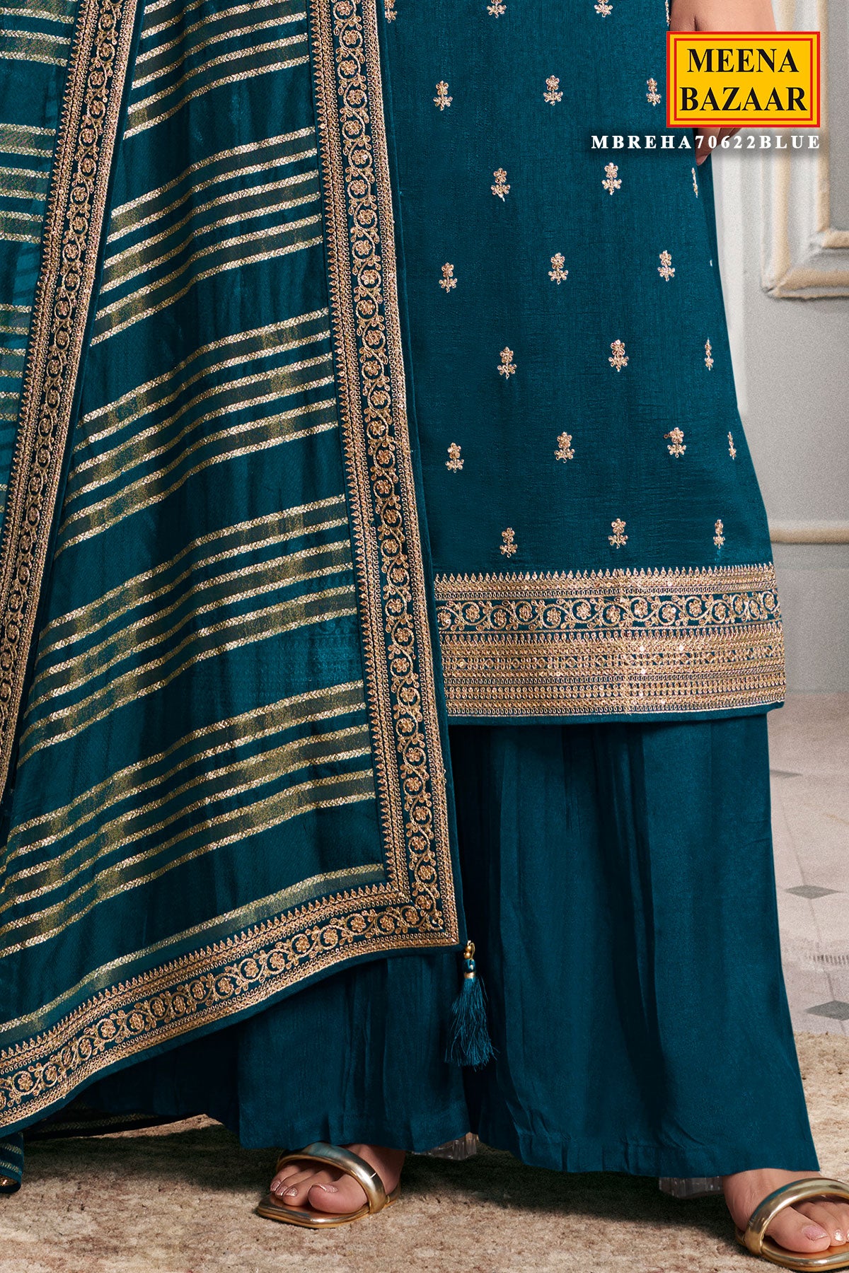 Teal Blue Silk Georgette Zari And Sequins Embroidered Suit Set