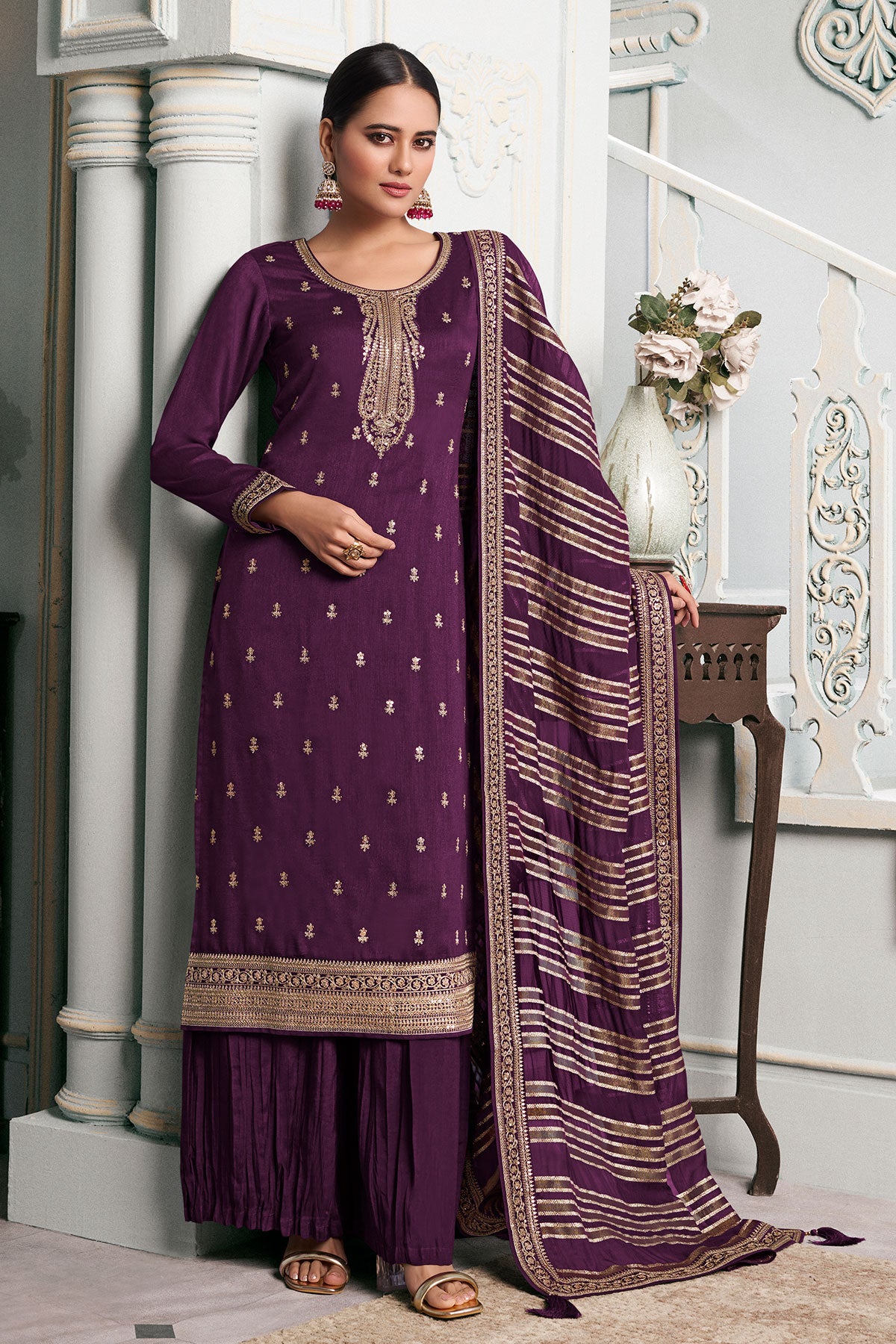 Purple Silk Georgette Zari And Sequins Embroidered Suit Set