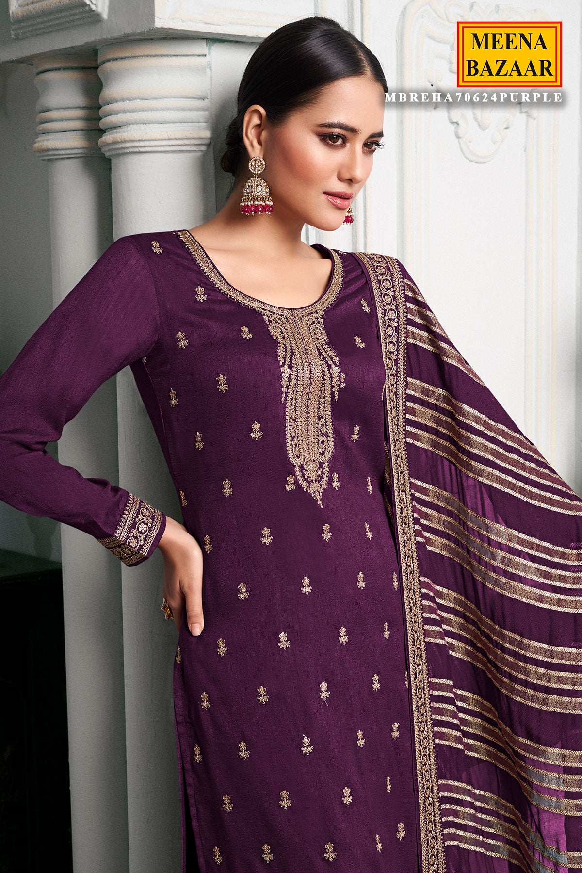 Purple Silk Georgette Zari And Sequins Embroidered Suit Set