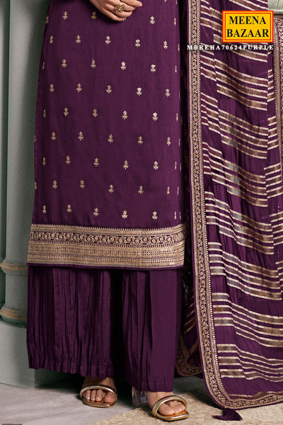 Purple Silk Georgette Zari And Sequins Embroidered Suit Set