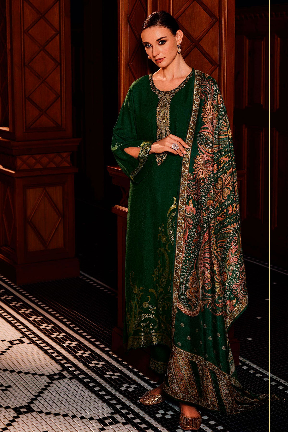 Green Viscose Pashmina Zari Embroidered Neckline Unstitched Suit Set