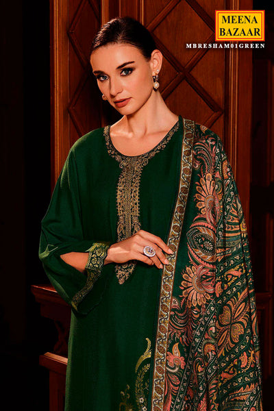 Green Viscose Pashmina Zari Embroidered Neckline Unstitched Suit Set