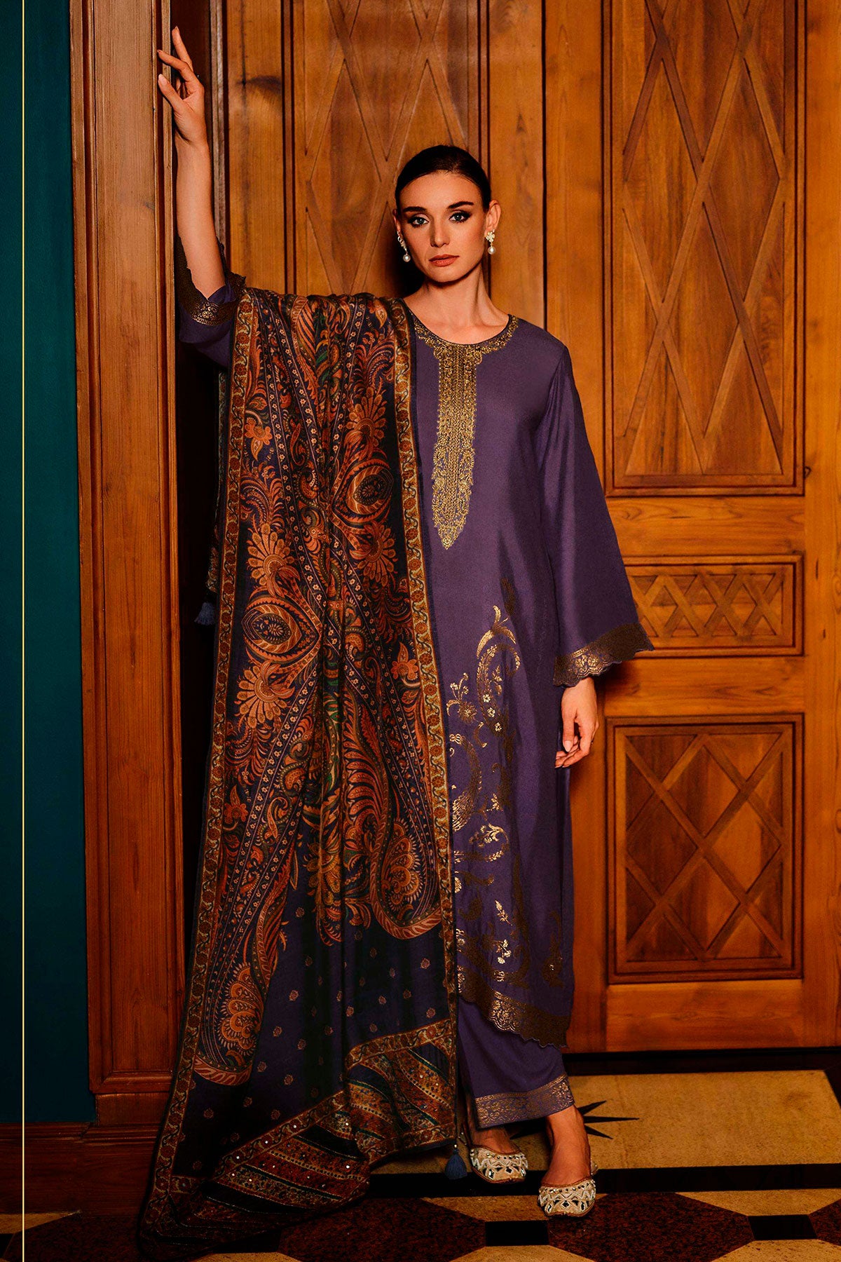 Purple Viscose Pashmina Zari Embroidered Neckline Unstitched Suit Set