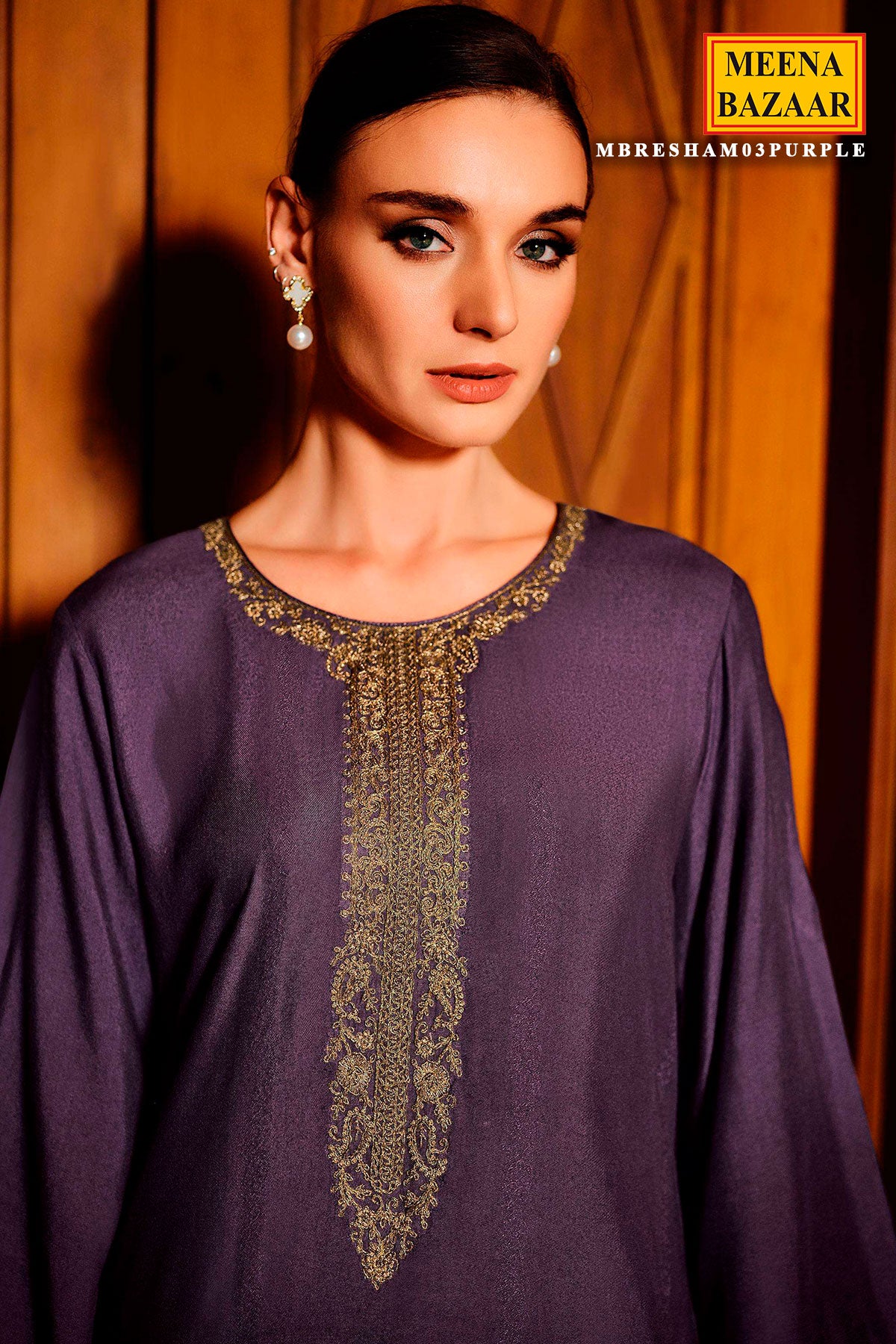 Purple Viscose Pashmina Zari Embroidered Neckline Unstitched Suit Set