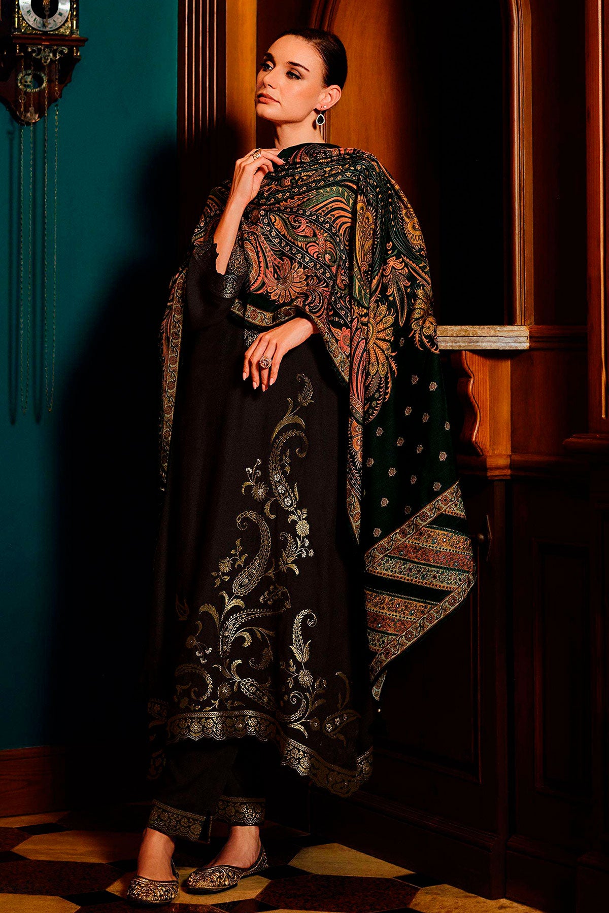 Black Viscose Pashmina Zari Embroidered Neckline Unstitched Suit Set