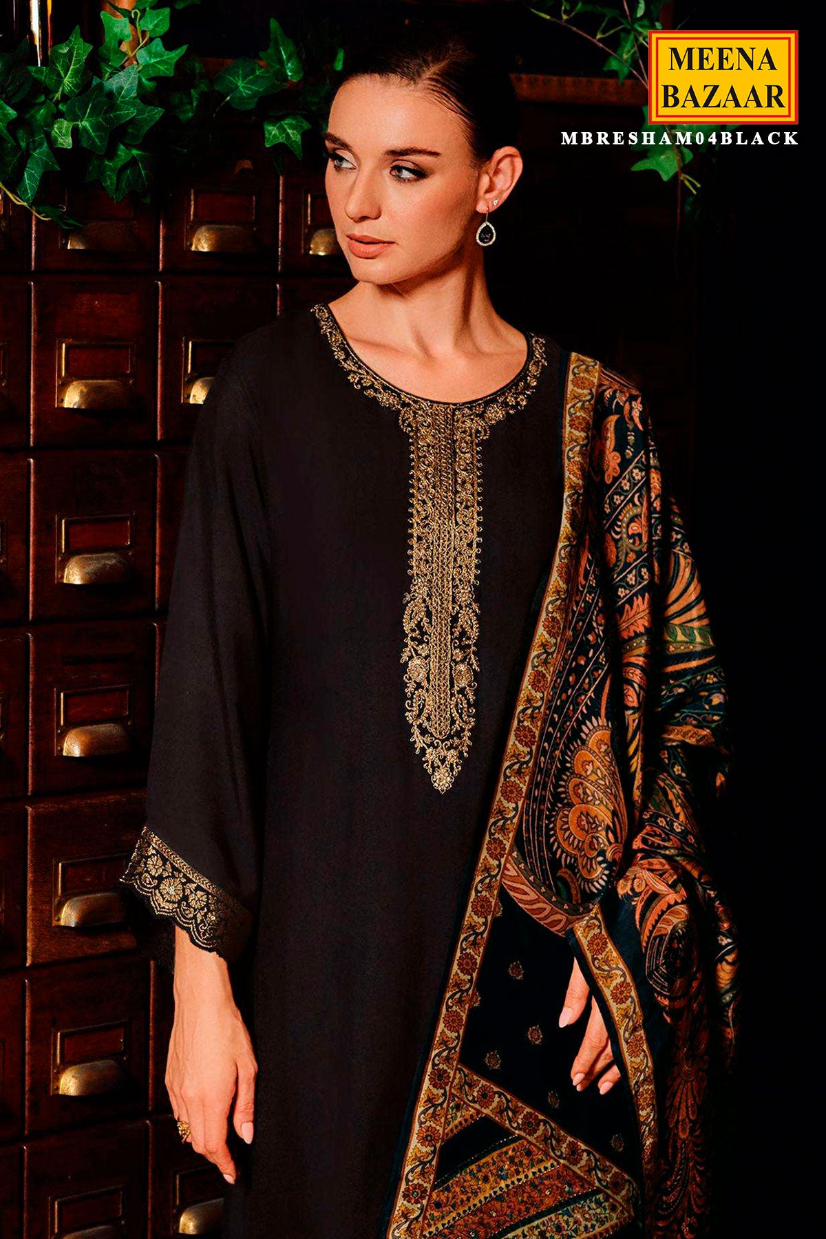 Black Viscose Pashmina Zari Embroidered Neckline Unstitched Suit Set