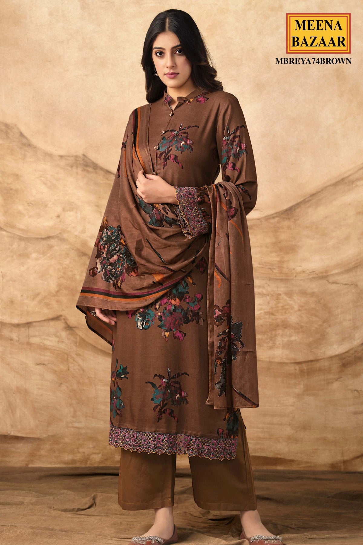 Brown Muslin Sequin Embroidered Suit Set