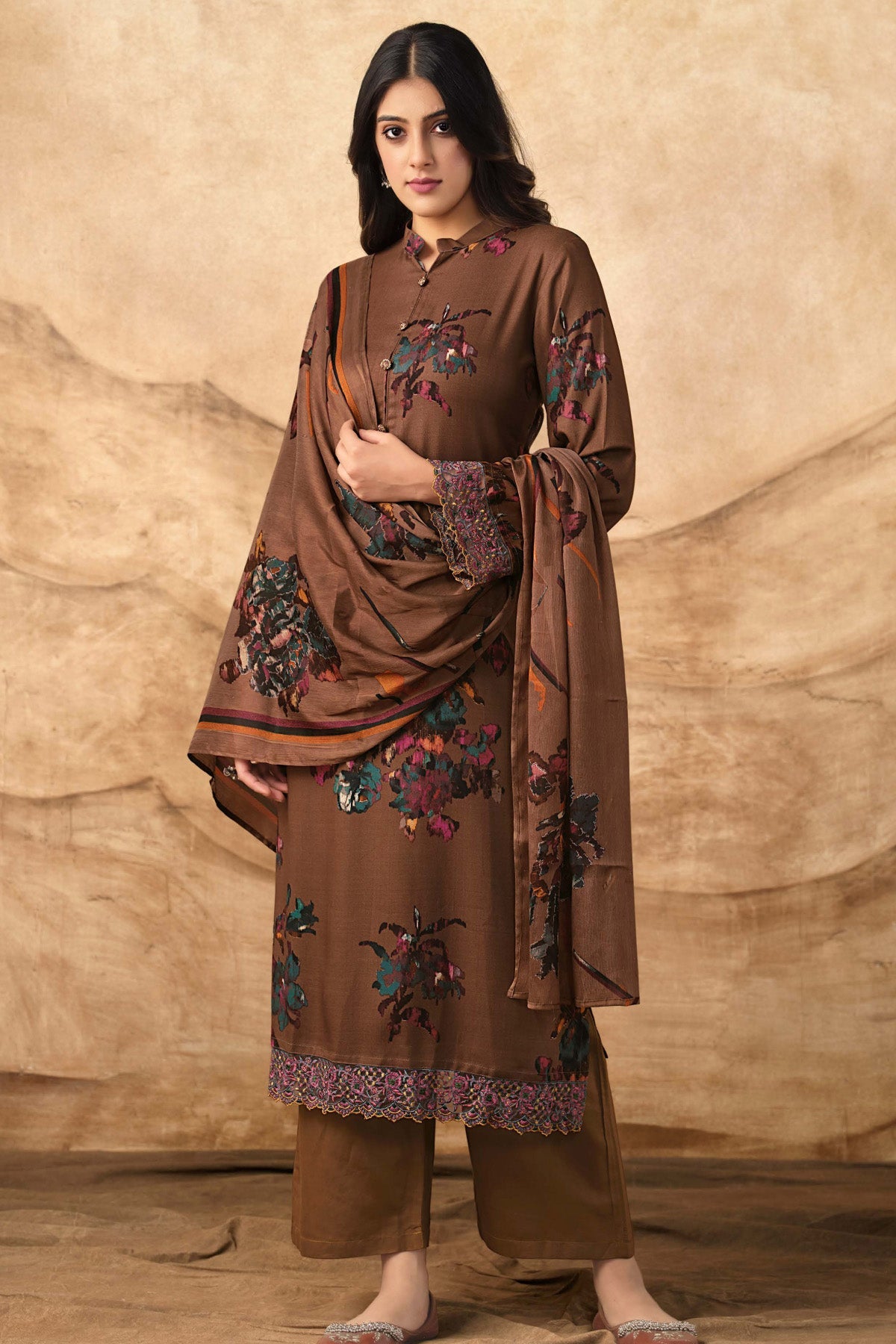 Brown Muslin Sequin Embroidered Suit Set