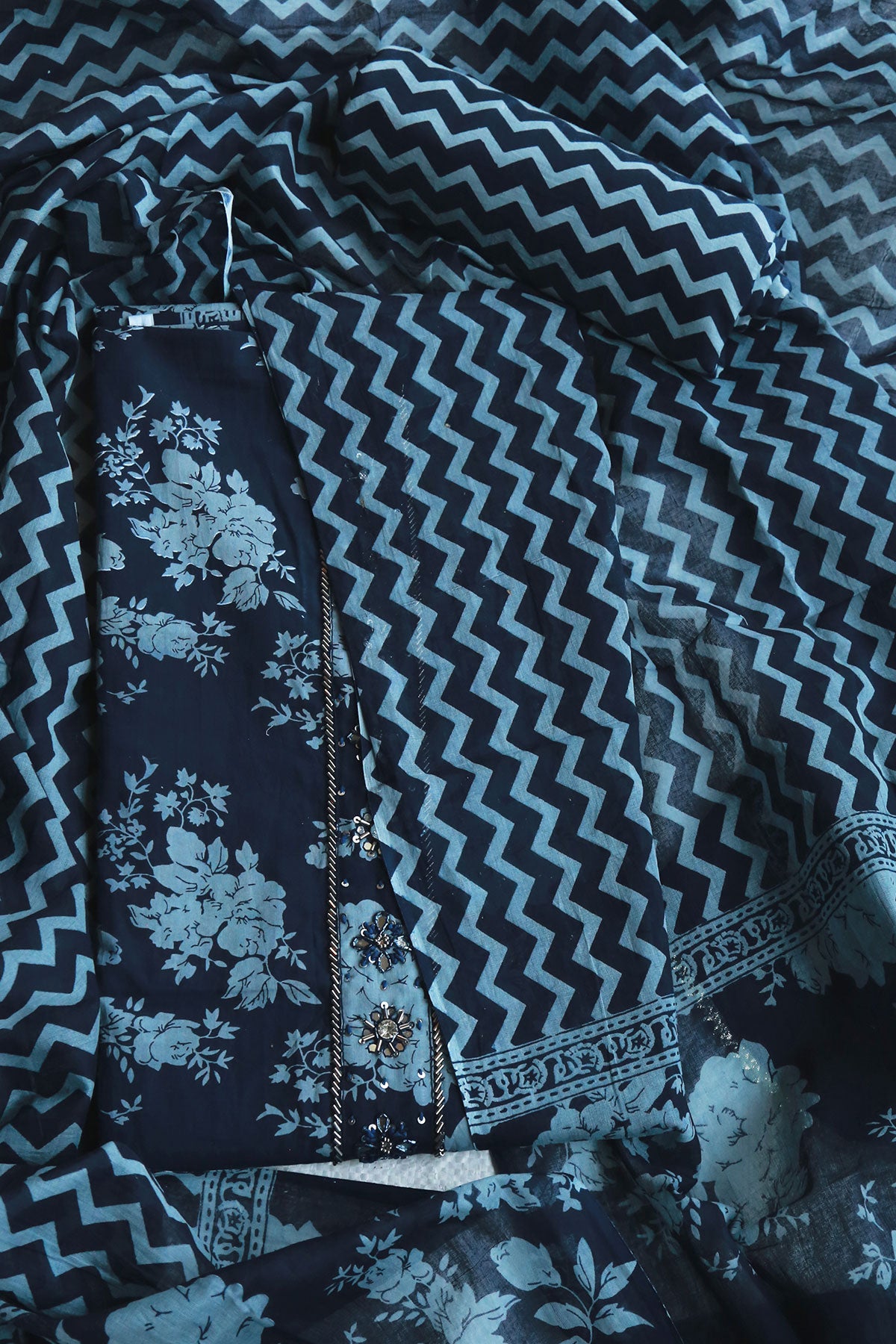 Navy Cotton Floral Cut-dana Embroidered Unstitched Suit Set