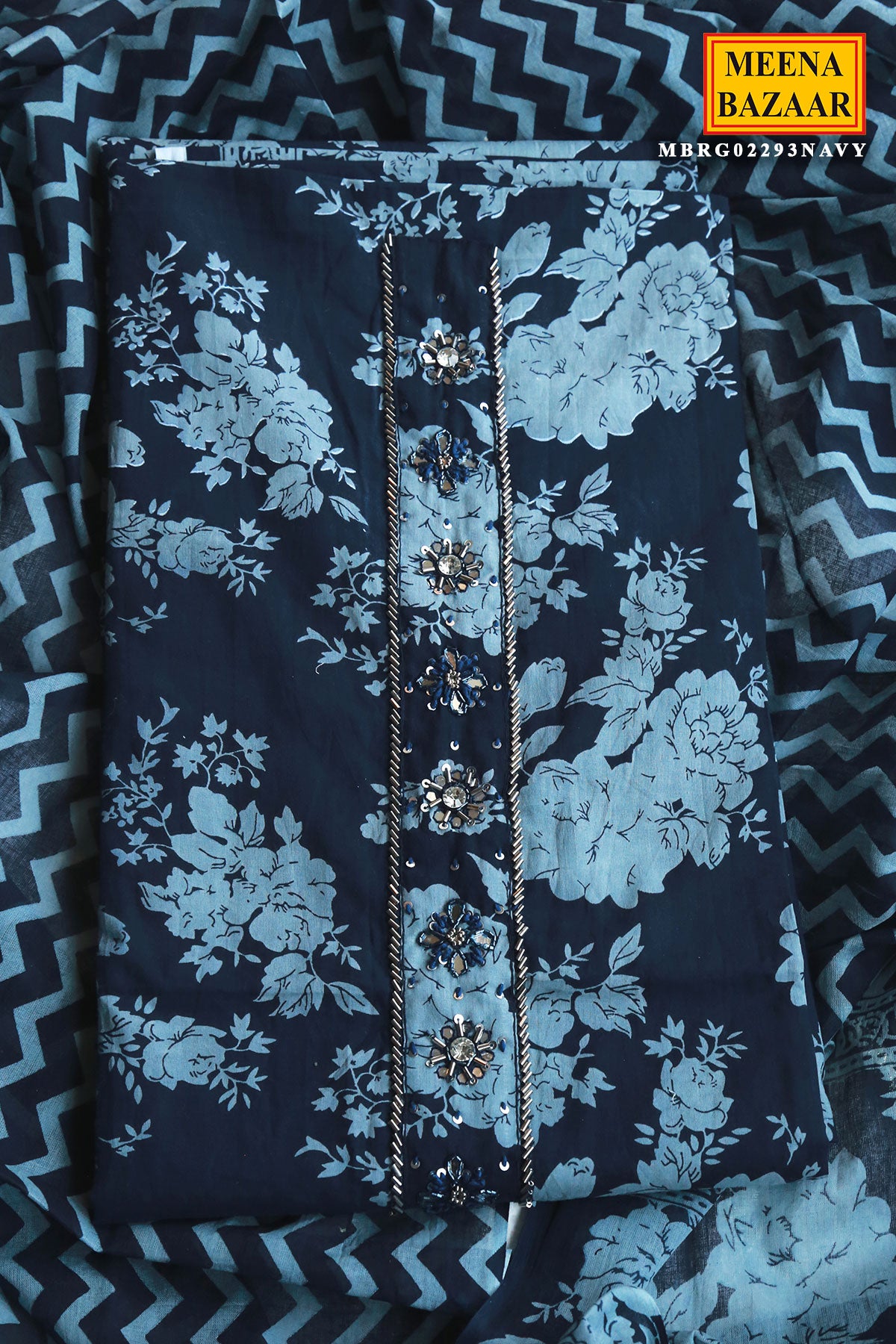 Navy Cotton Floral Cut-dana Embroidered Unstitched Suit Set