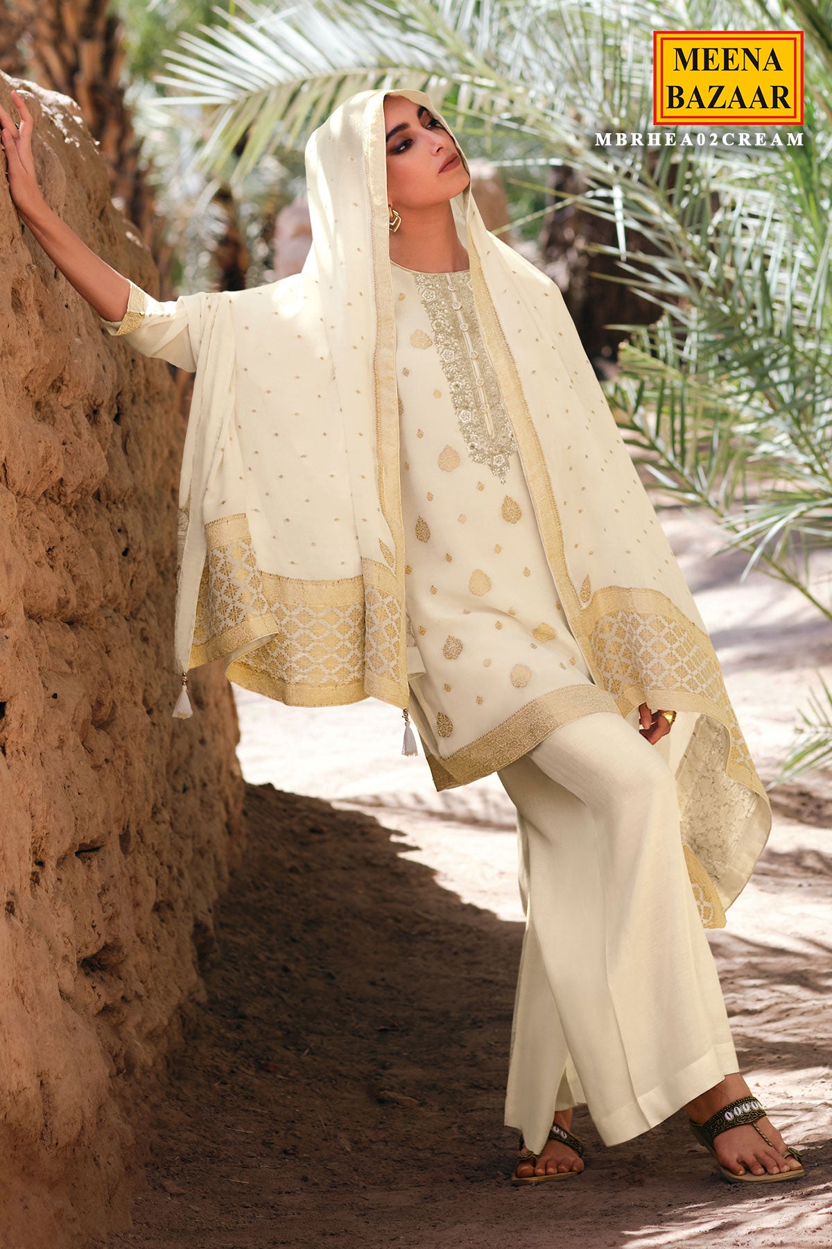 Cream Chinon Zari Sequin Embroidered Suit Set