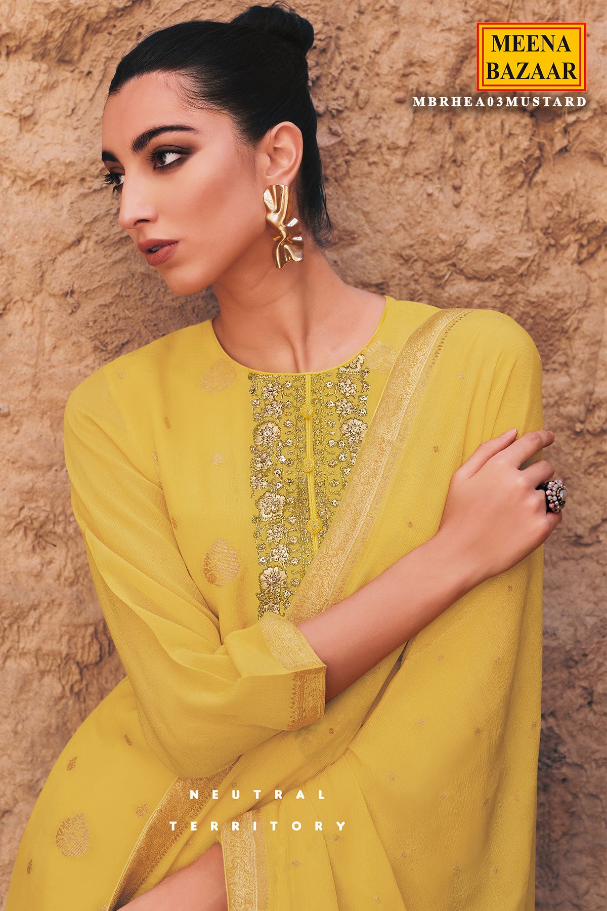 Mustard Chinon Zari Sequin Embroidered Suit Set