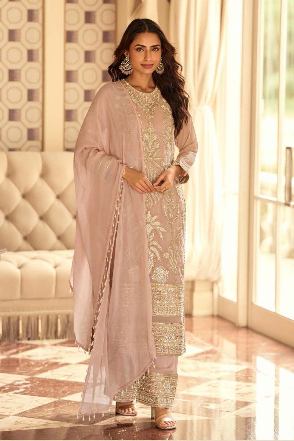 Peach Georgette Embroidered Anarkali with Dupatta Suit Elegant Festive & Party Wear Ready made Suit