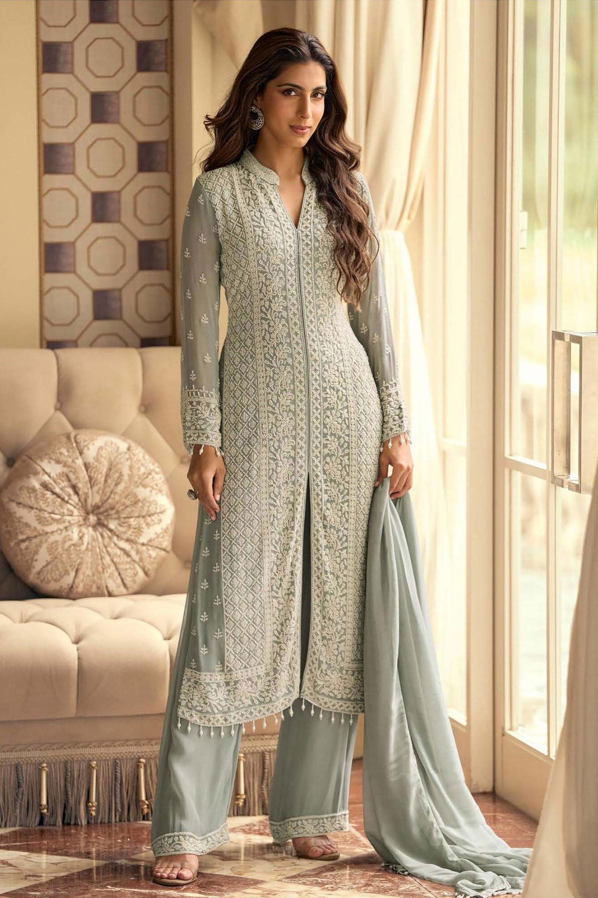 Grey Georgette Embroidered Anarkali with Dupatta Suit Elegant Festive & Party Wear Ready Made Suit