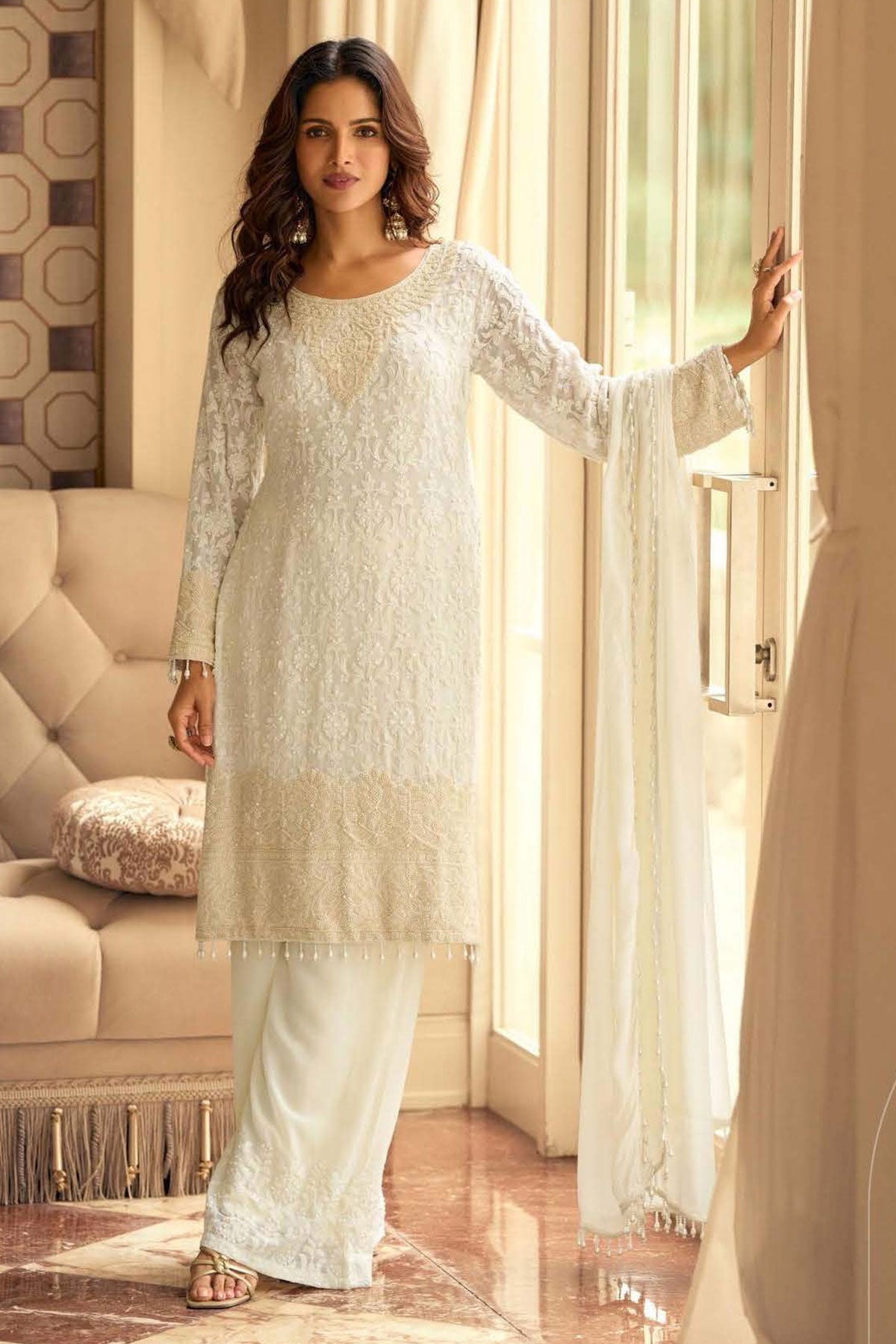 Cream Georgette Embroidered Anarkali with Dupatta Ready Made Suit