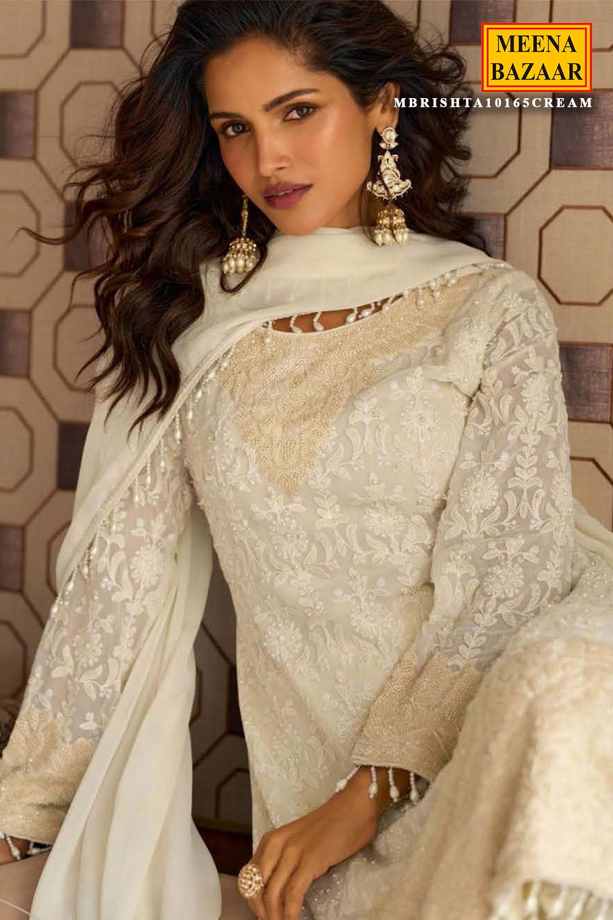 Cream Georgette Embroidered Anarkali with Dupatta Ready Made Suit