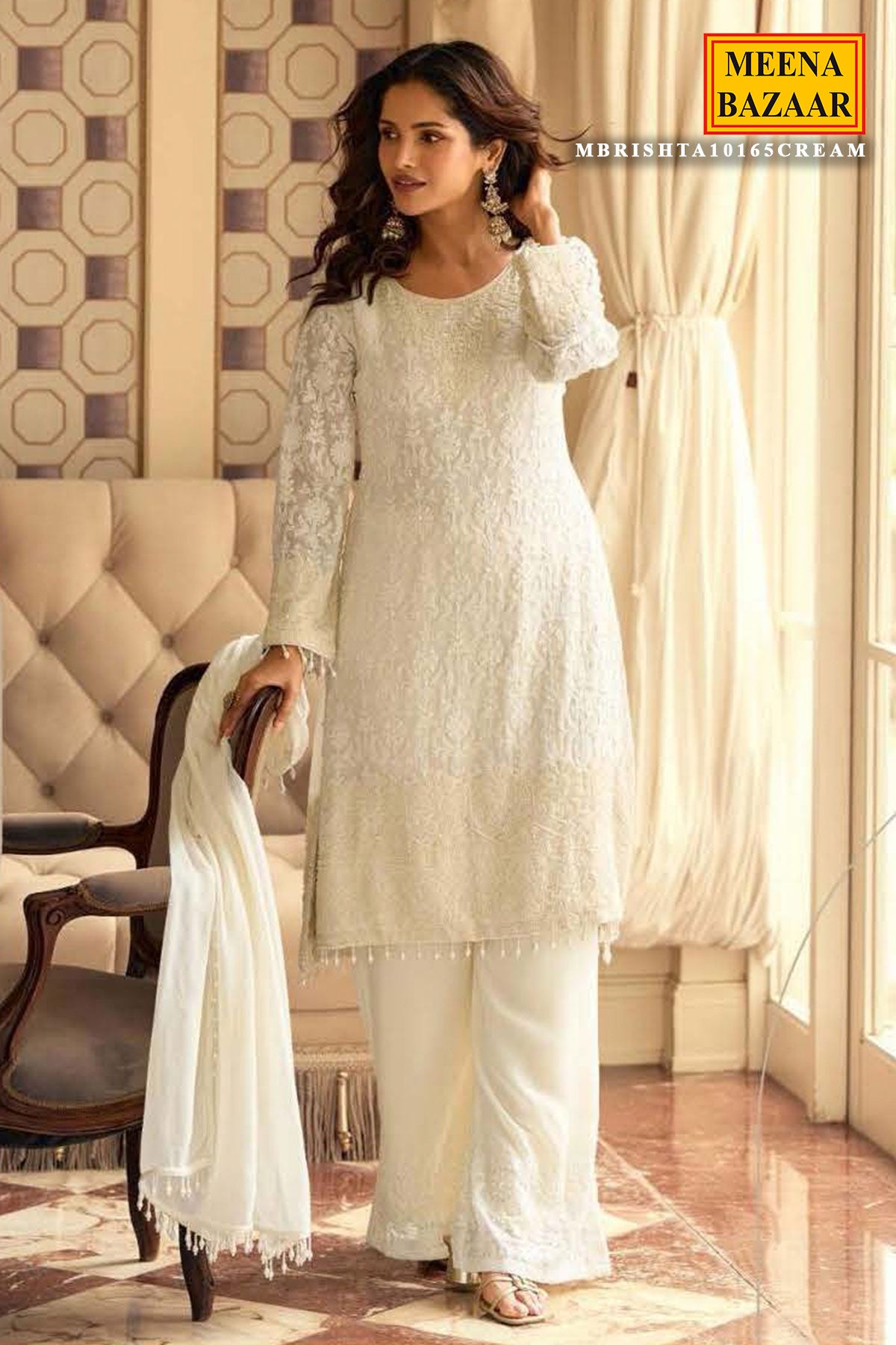 Cream Georgette Embroidered Anarkali with Dupatta Ready Made Suit