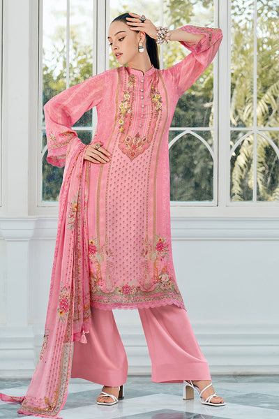 Pink Viscose Chinon Printed Patch Embroidered Suit