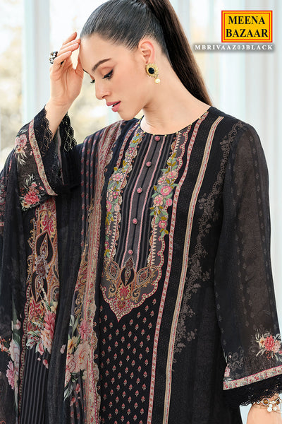 Black Viscose Chinon Printed Patch Embroidered Suit