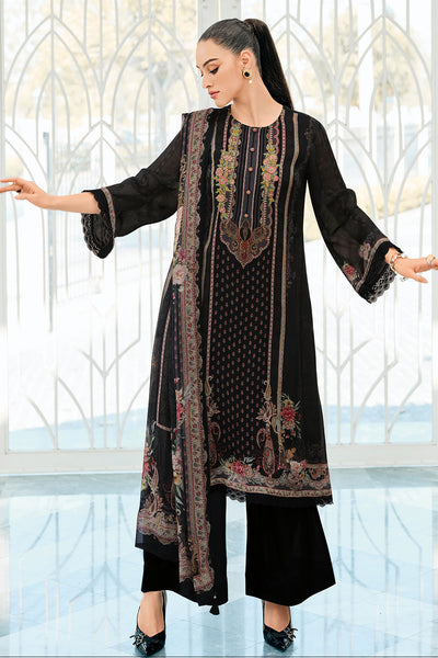 Black Viscose Chinon Printed Patch Embroidered Suit