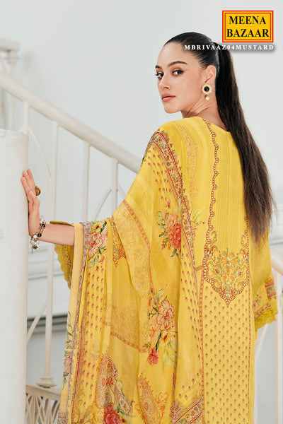 Mustard Viscose Chinon Printed Patch Embroidered Suit