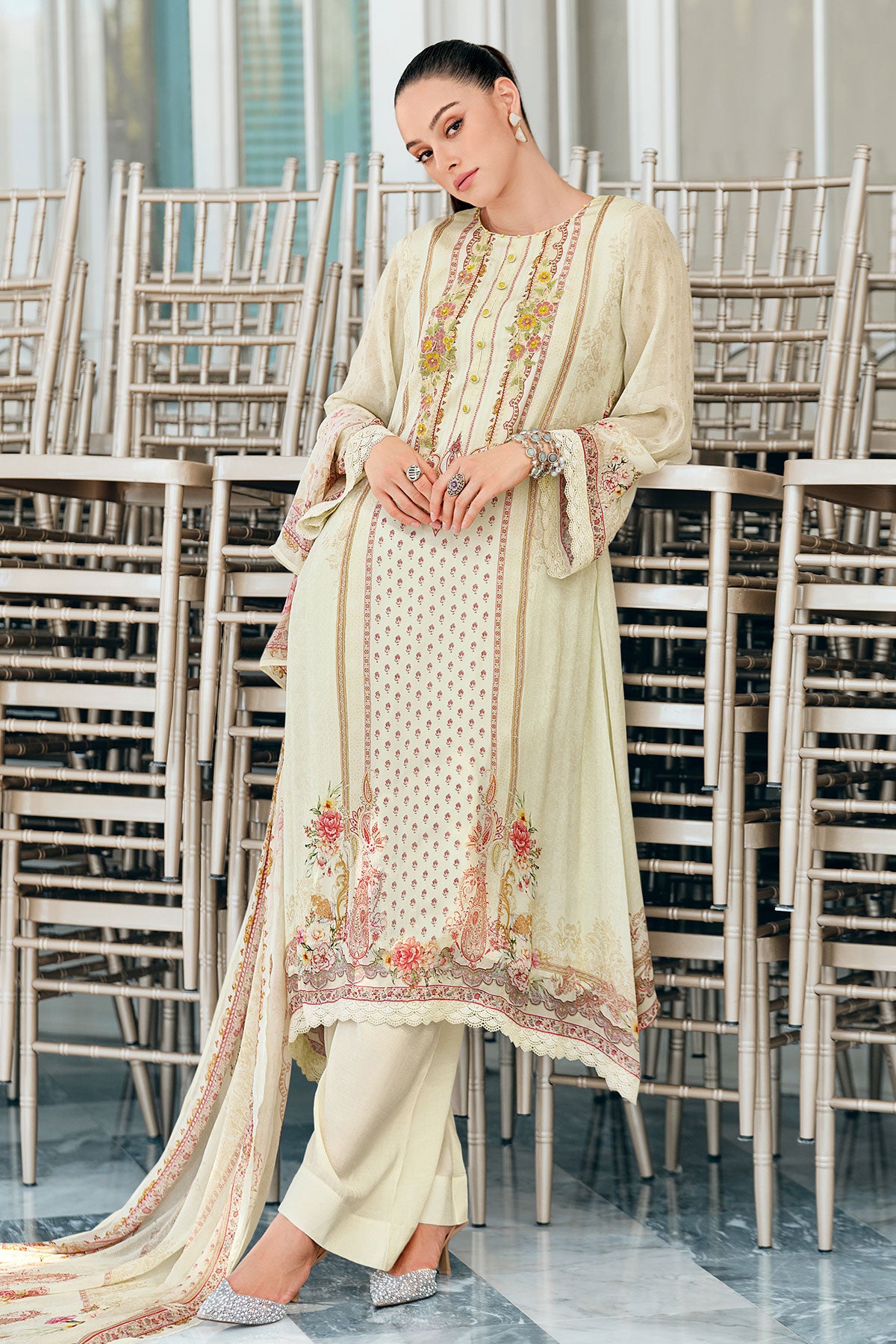 Cream Viscose Chinon Printed Patch Embroidered Suit