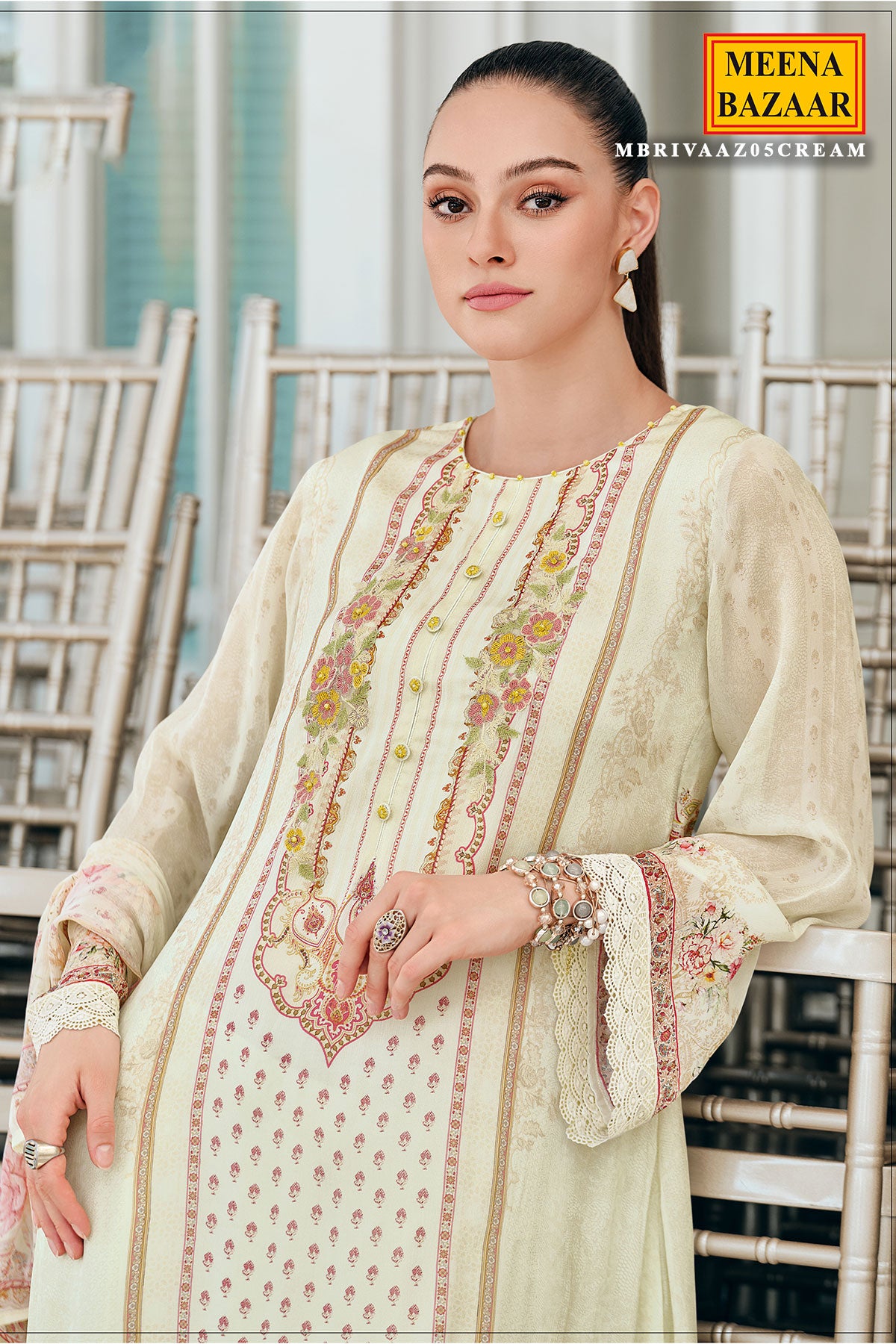 Cream Viscose Chinon Printed Patch Embroidered Suit