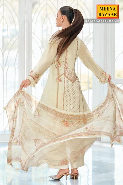 Cream Viscose Chinon Printed Patch Embroidered Suit