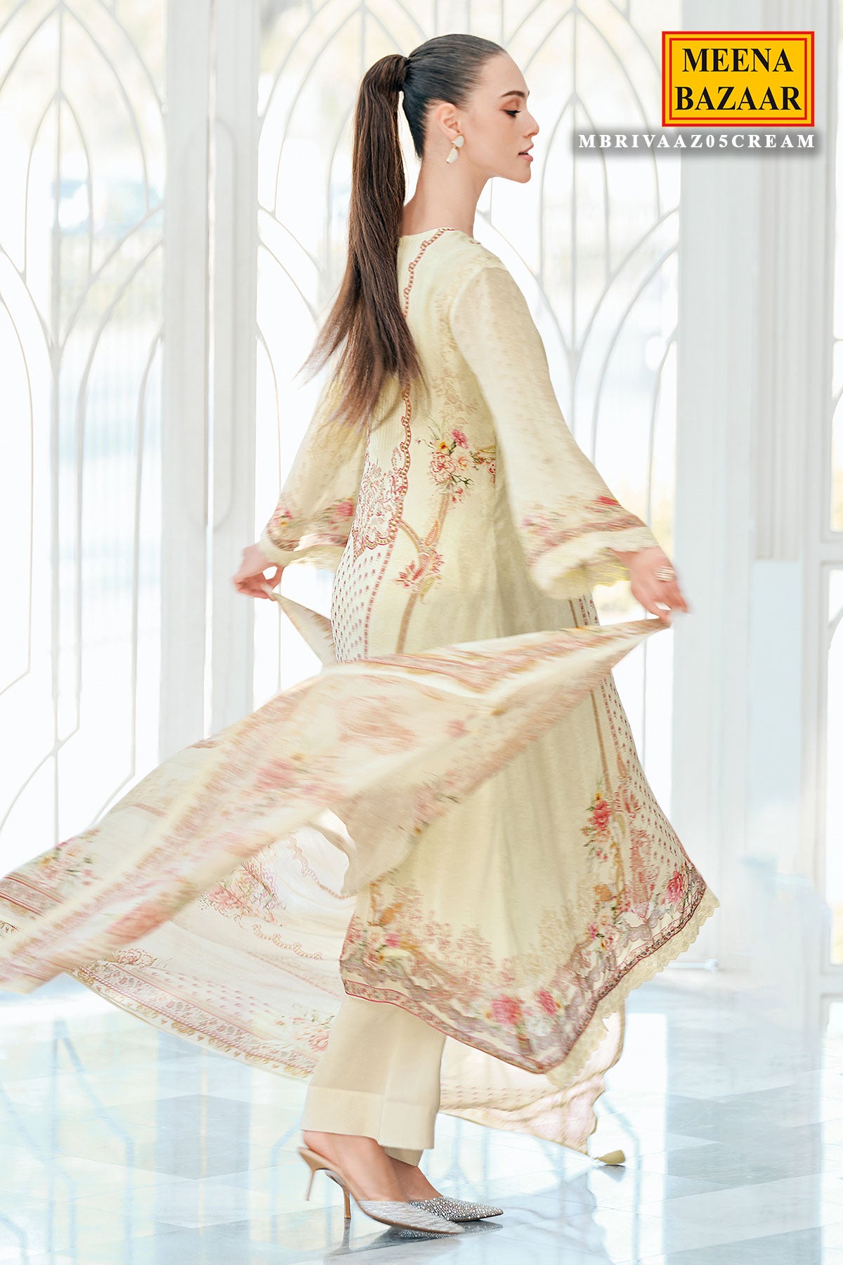 Cream Viscose Chinon Printed Patch Embroidered Suit