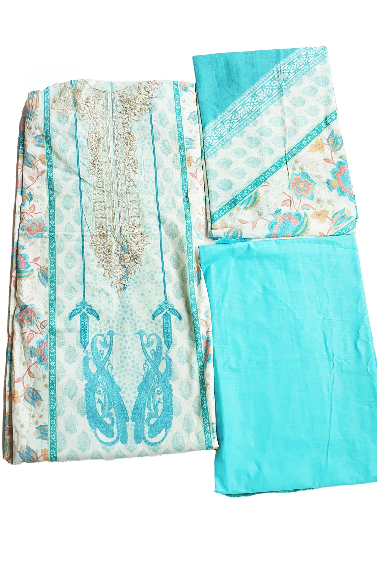 Rama Cotton Neck Zari & Thread Embroidered Printed Suit