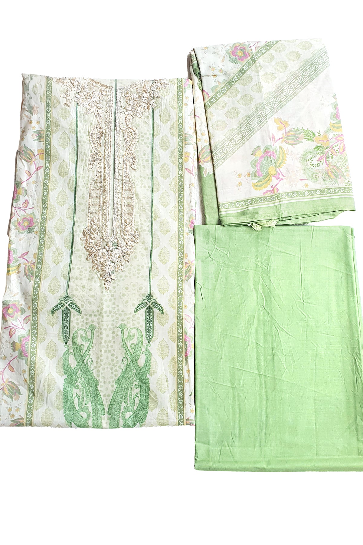 Pista Cotton Neck Zari & Thread Embroidered Printed Suit