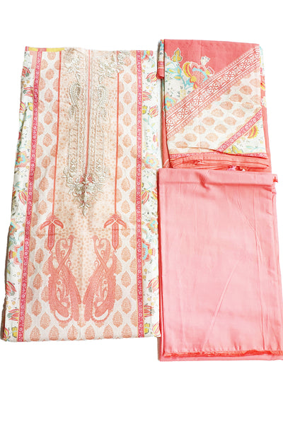 Peach Cotton Neck Zari & Thread Embroidered Printed Suit