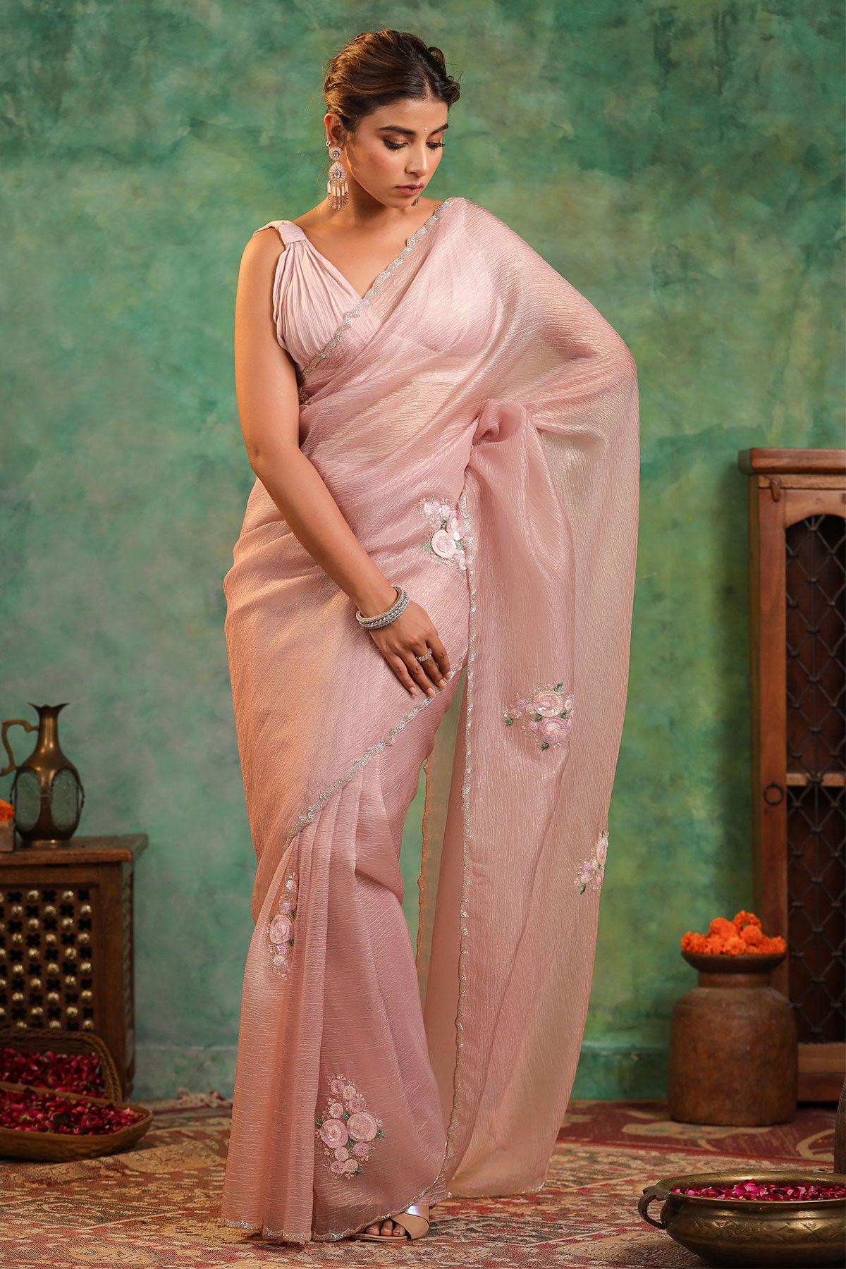 Blush Pink Crush Tissue Cut-dana Embroidered Border Saree