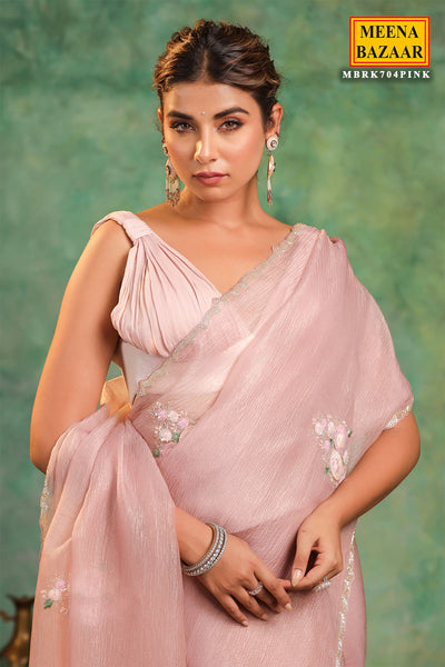 Blush Pink Crush Tissue Cut-dana Embroidered Border Saree