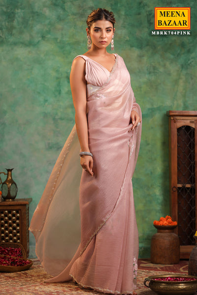 Blush Pink Crush Tissue Cut-dana Embroidered Border Saree