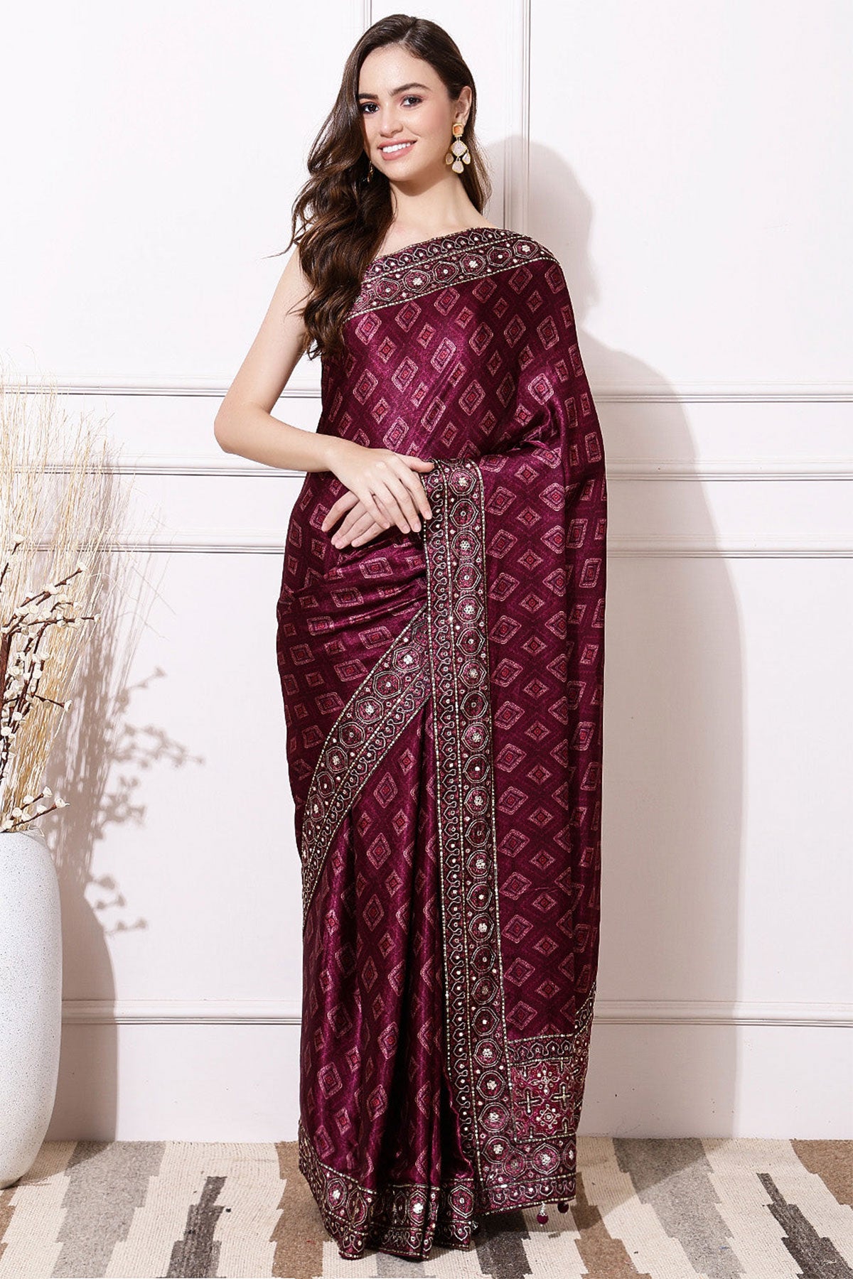 Wine Satin Printed Saree With Embroidered Border