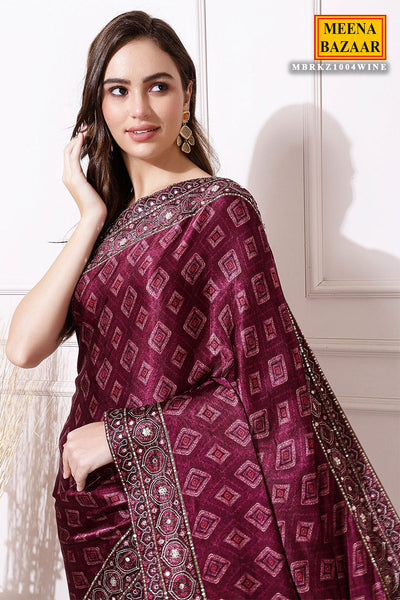 Wine Satin Printed Saree With Embroidered Border